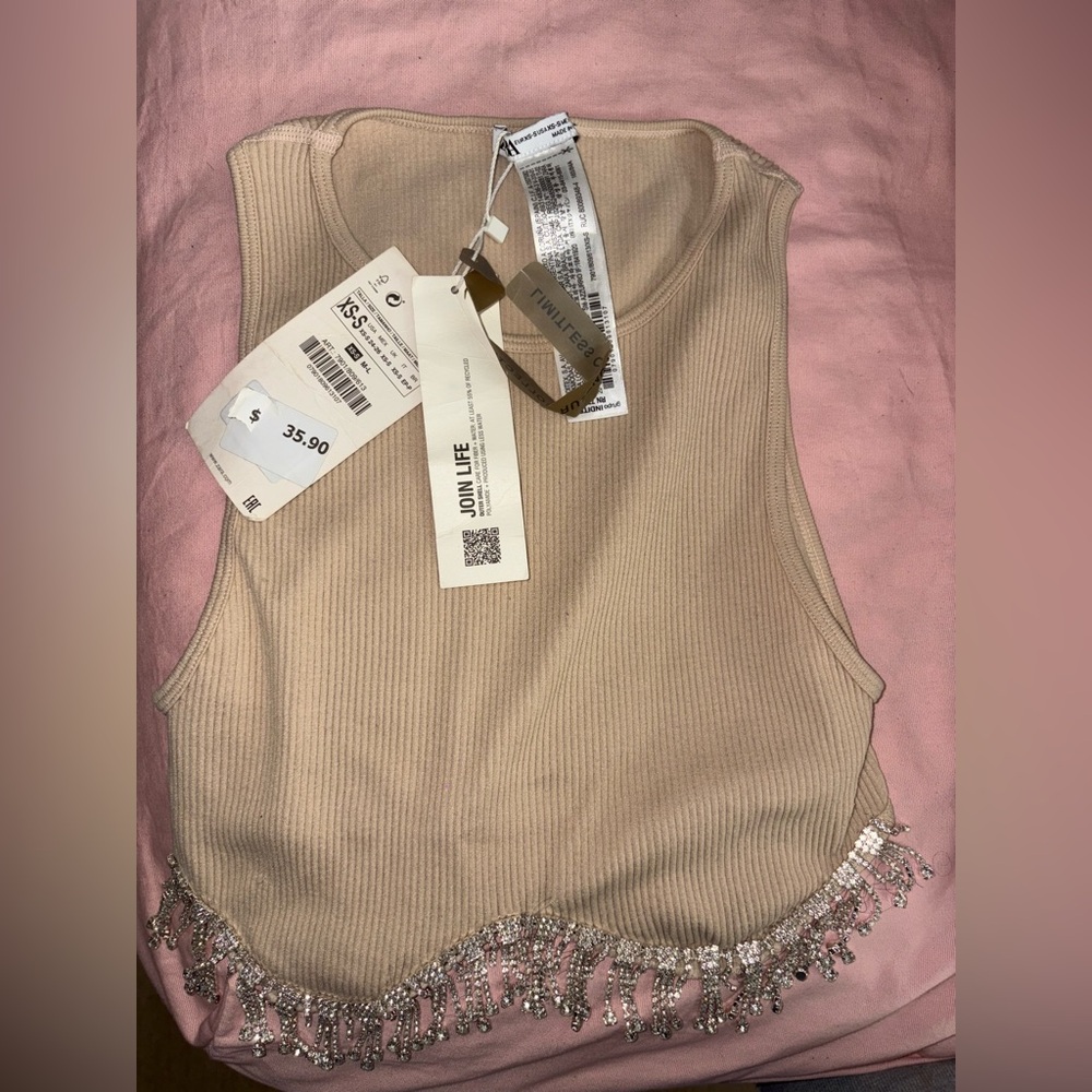 Zara Beige Ribbed Tank with Sequin Hem